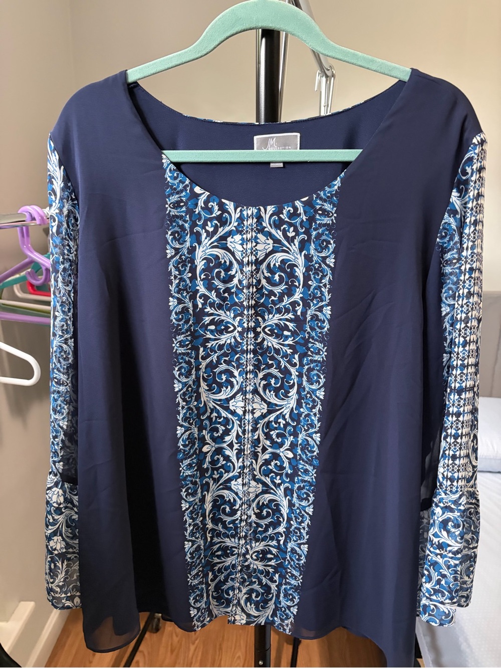 JM Collection Navy Blue Floral-Pattern Blouse’s XL
